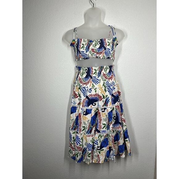 House Of Harlow 1960 Crop Top Skirt Set XS Bird Print Macaw Colorful Linen - Picture 1 of 7